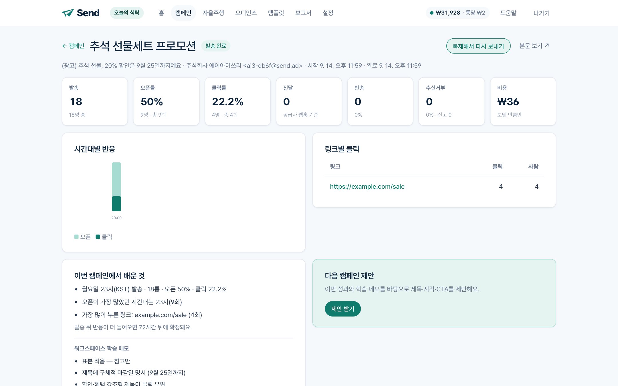 언제 보낼까요 — 지금 · 예약 · 가장 잘 읽는 시간 · 나눠 보내기