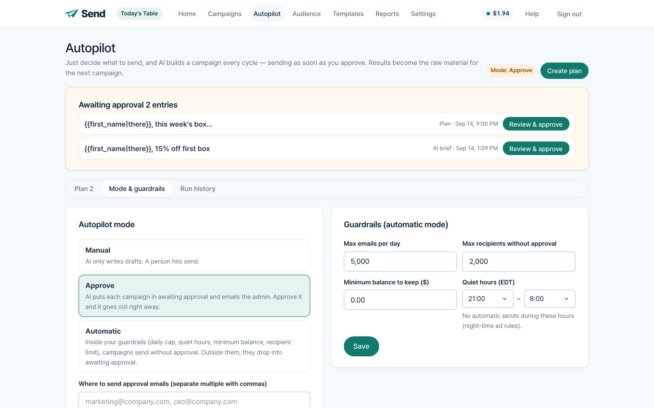 Autopilot modes — Manual · Approval · Auto