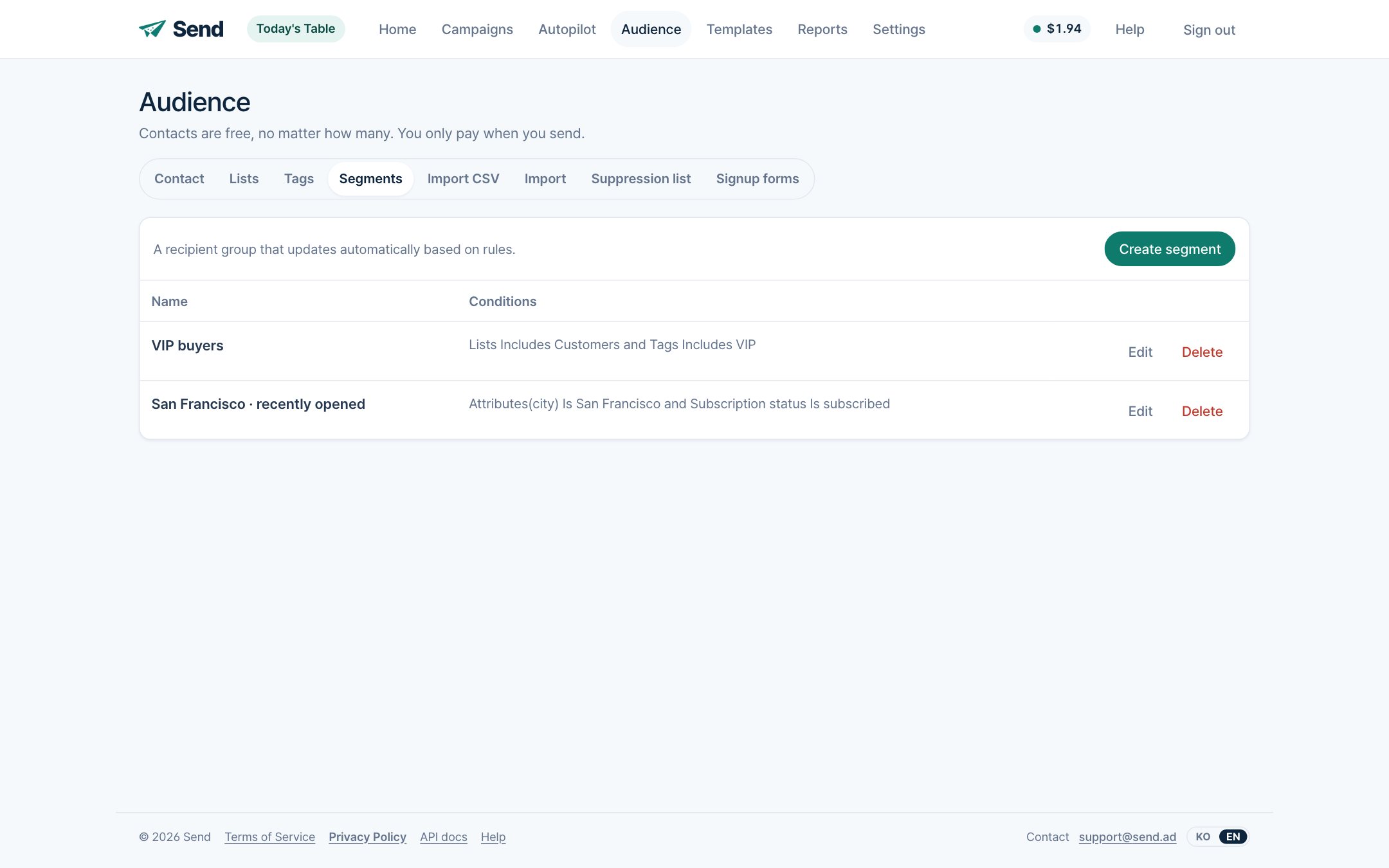 Lists · tags · segments